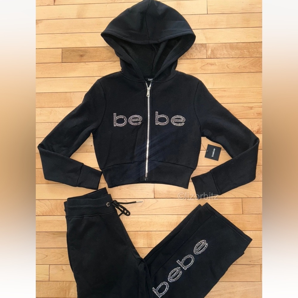 NEW! BEBE Bling Rhinestone Logo Hoodie & Pants Tracksuit Set Black Size S